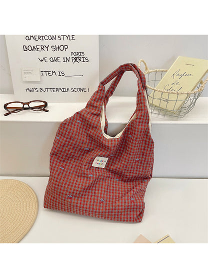 Cosbai Soft Check Everyday Shoulder Tote Bag hanging by its shoulder strap