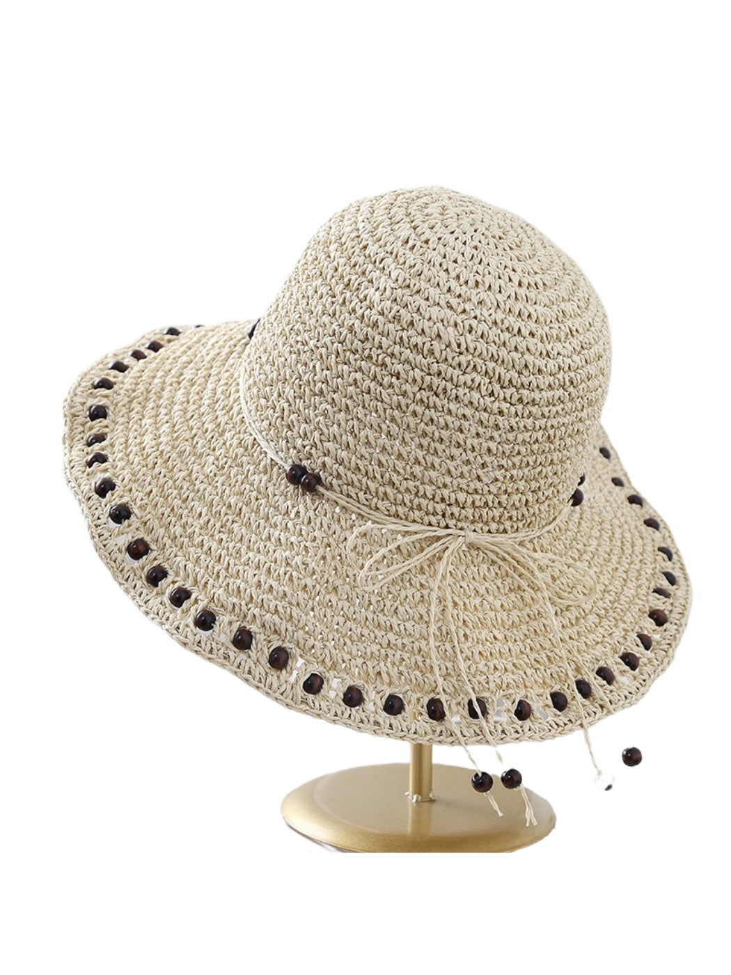 Close-up of Haila crochet bucket hat with decorative beaded edge