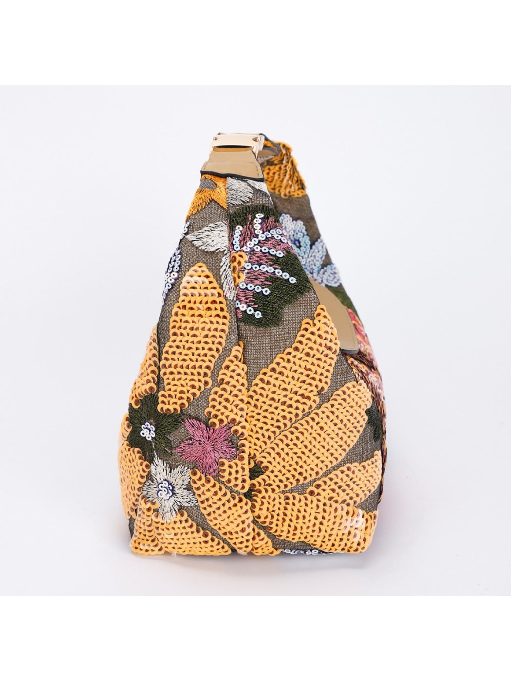Side view of Cosbai shoulder bag showing black strap and embroidery details
