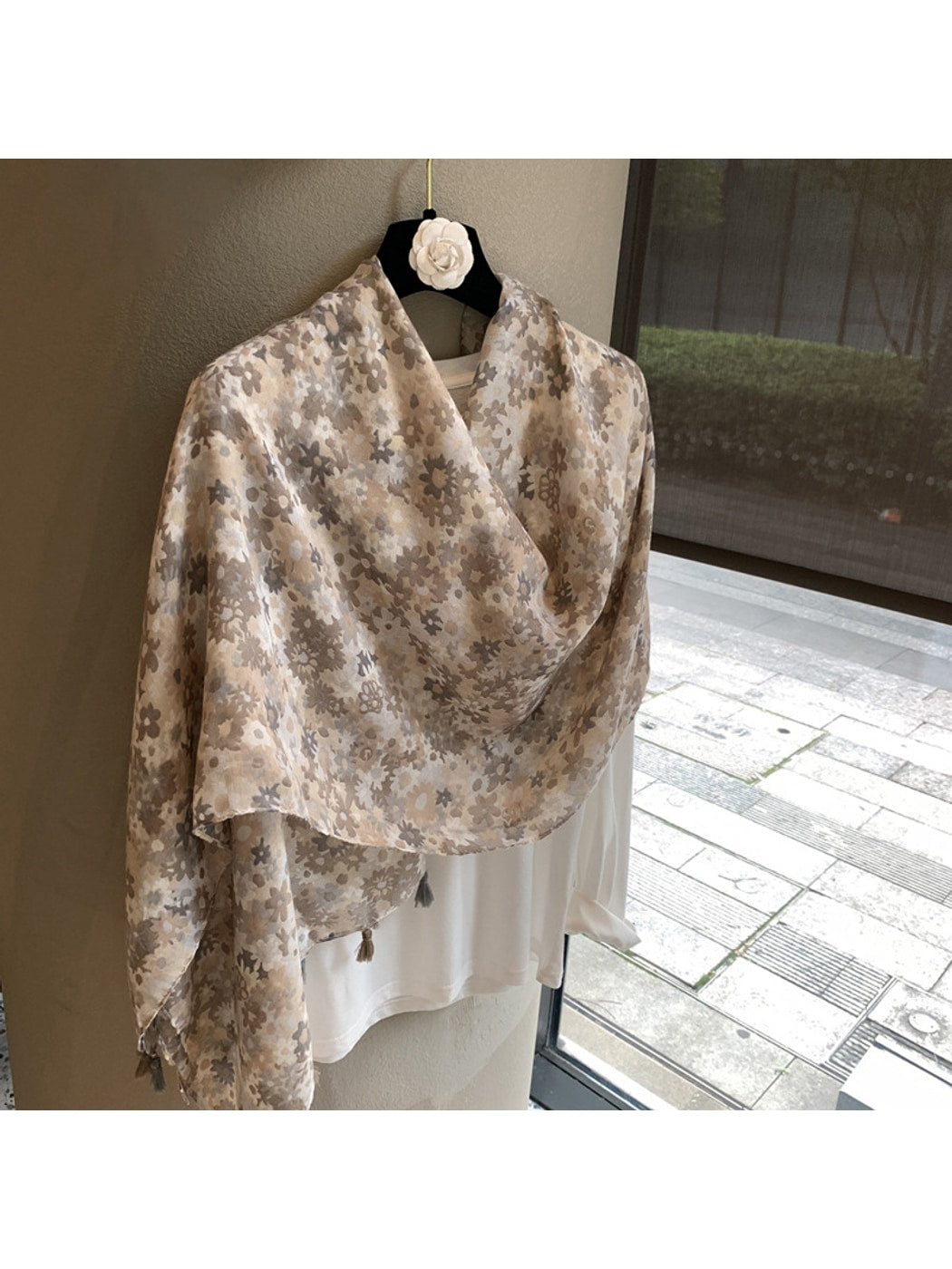 Scarvii - Khaki Floral Print Tassel Trim Long Scarf