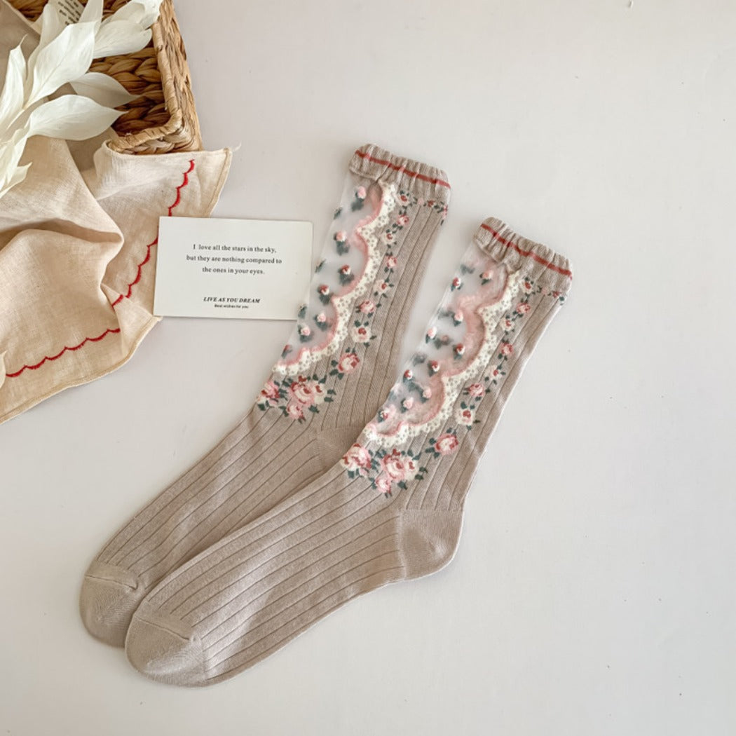 Rufia - Vintage Floral Pattern Sheer Socks