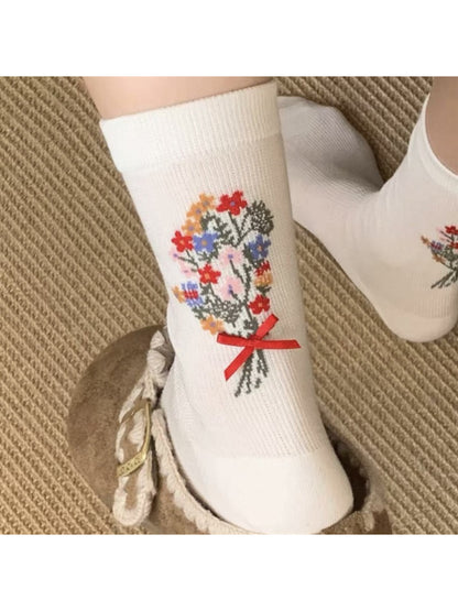 Rufia floral bow ankle socks with visible floral knit texture