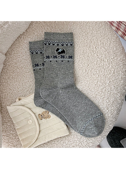 Rufia - Winter Mid-Calf Socks with Puppy & Floral Pattern