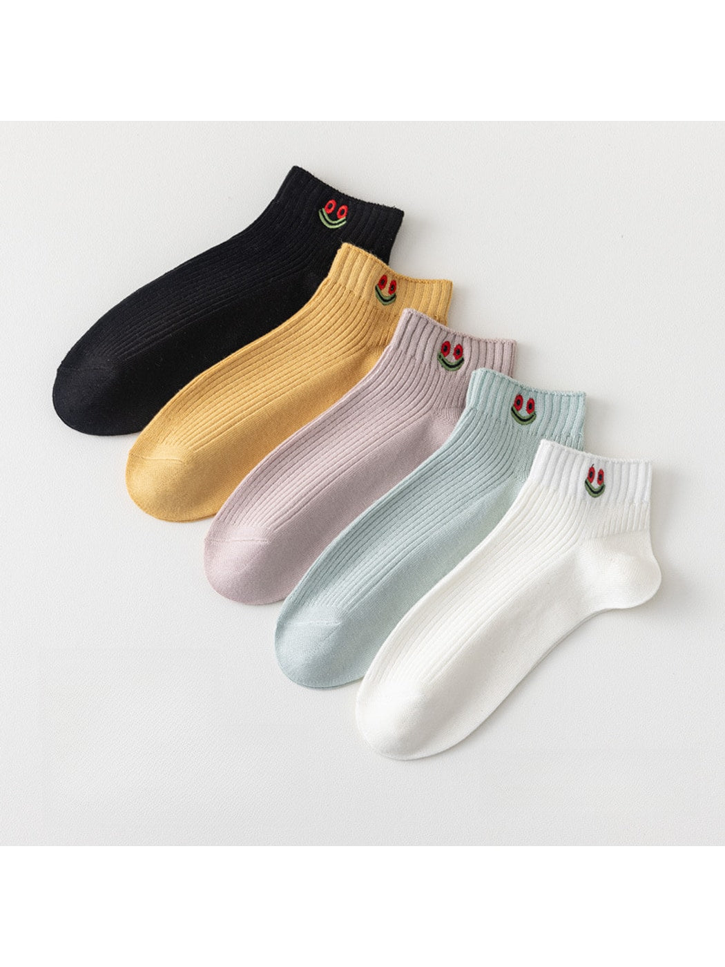 Rufia - Smiley Face Embroidered Ribbed Ankle Socks