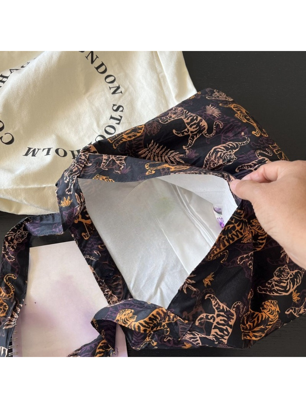 Cosbai Tiger Print Slouch Shoulder Bag open showing interior lining and spacious