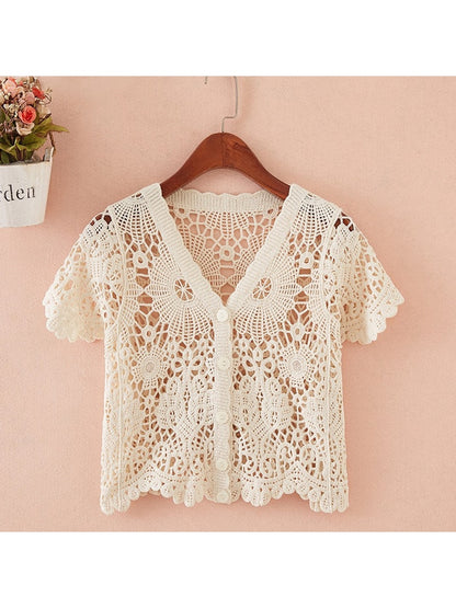 Crosa - Vacation Style V-Neck Hollow Out Knit Cardigan