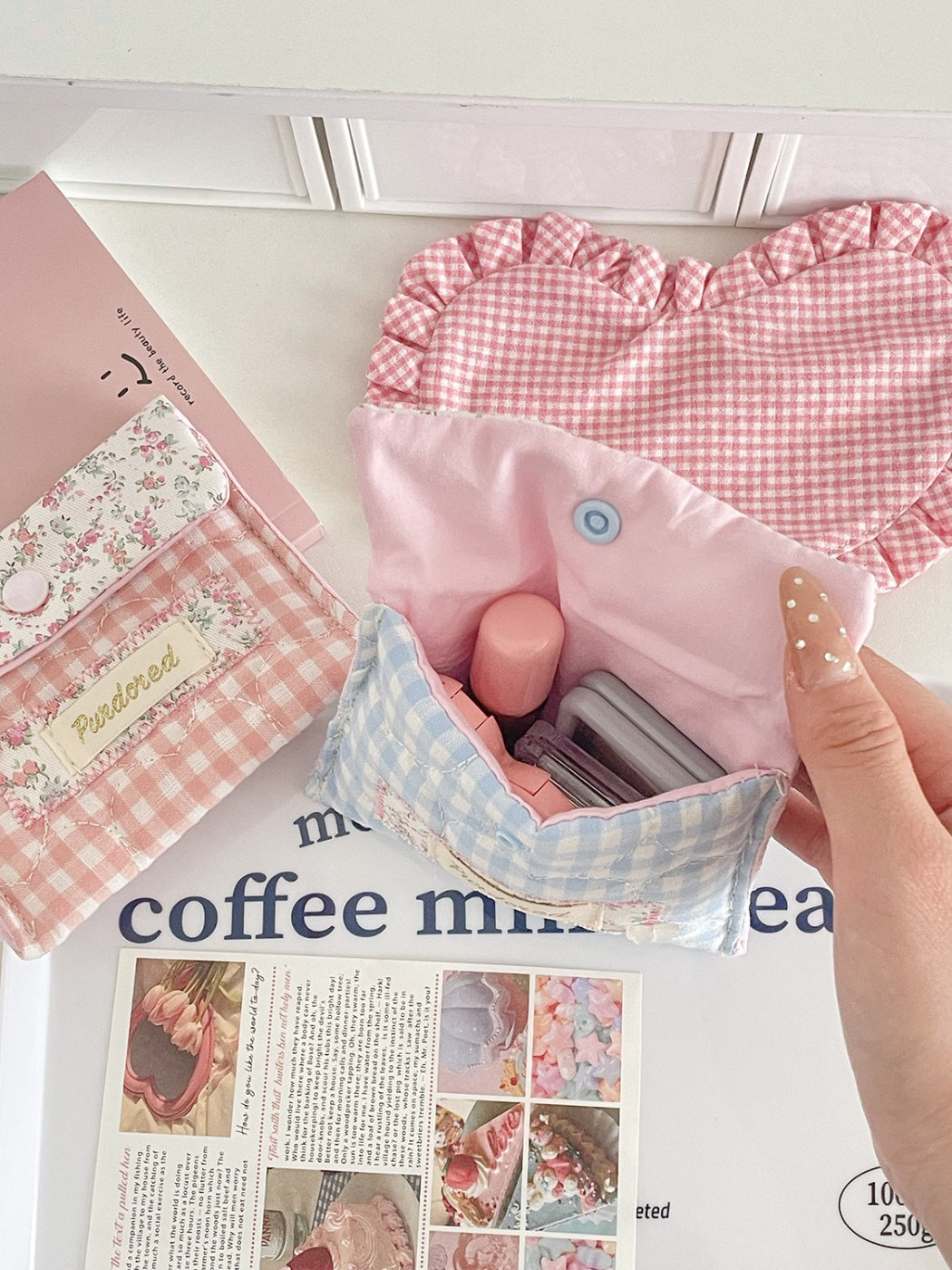 Cosbai Floral Gingham Snap Button Pouch folded flat on white background