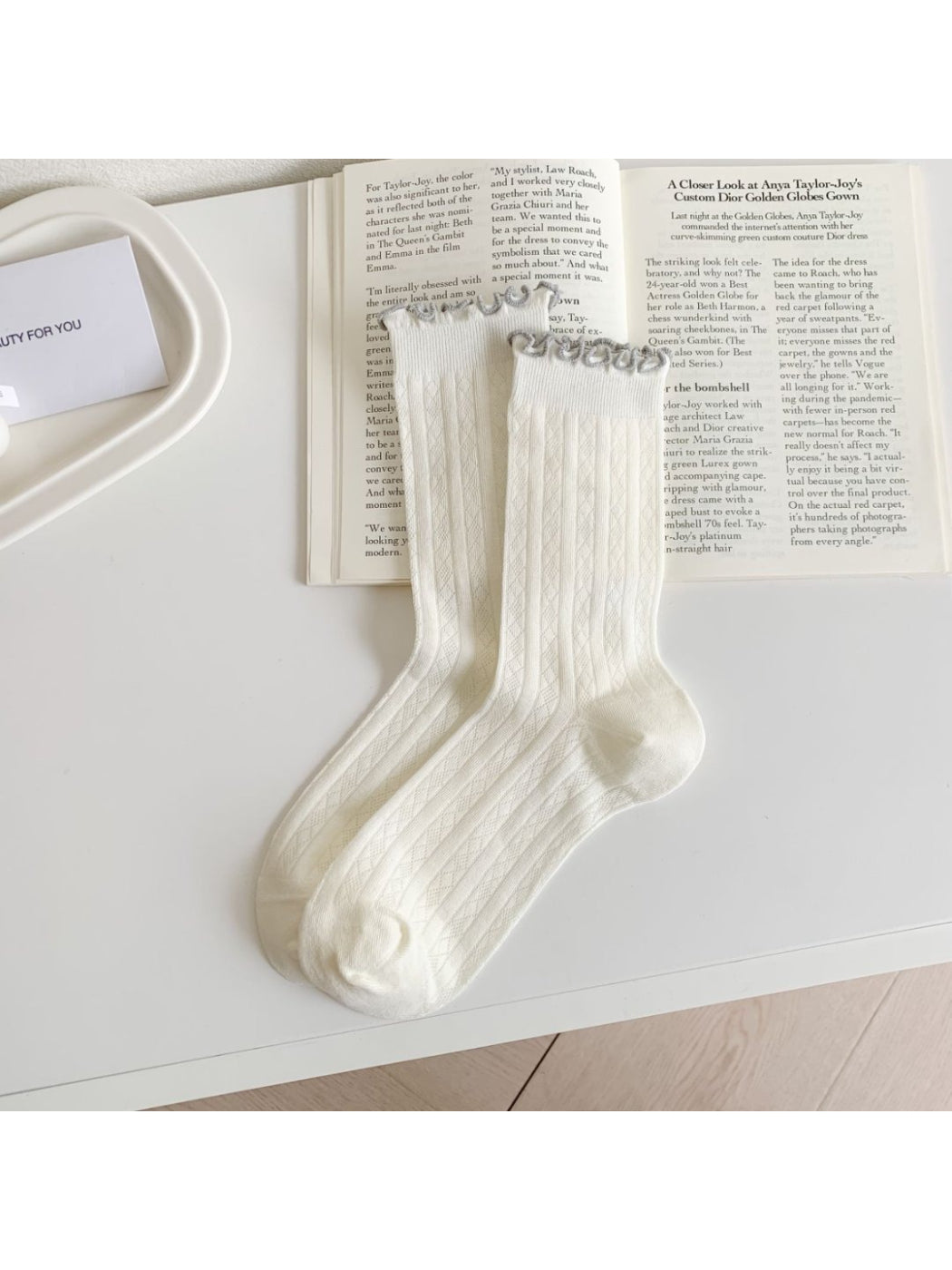 Rufia - Color Trim Ruffle Cuff Crew Socks