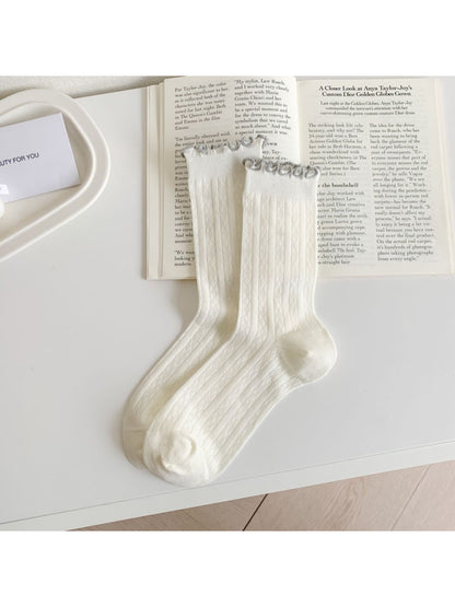 Rufia - Color Trim Ruffle Cuff Crew Socks
