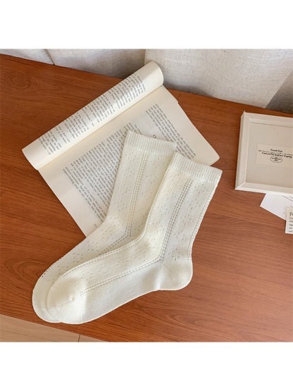 Top view of Rufia cherry open knit socks showing ribbed cuff and knit pattern