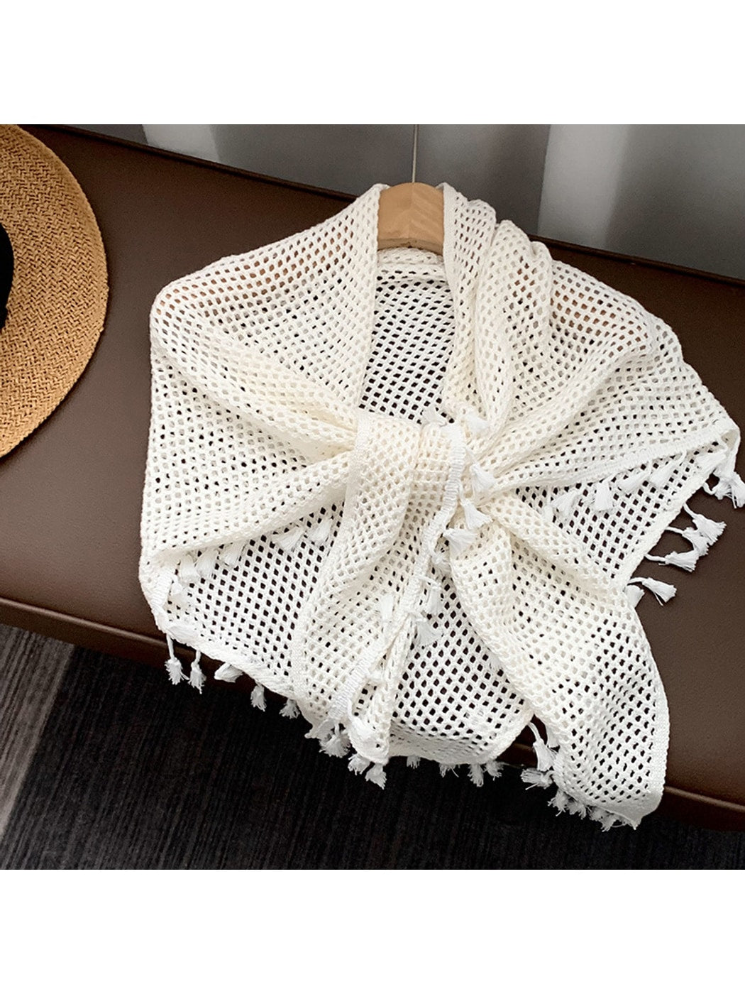Scarvii - Openwork Tassel Trim Layering Wrap Scarf