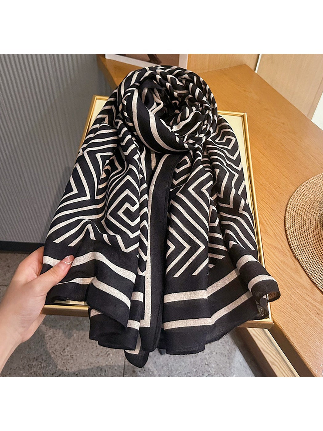 Scarvii - Lightweight Geometric Meander Pattern Wrap Scarf