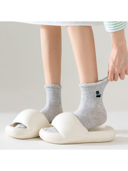 Rufia - Cartoon Embroidered Solid Crew Socks