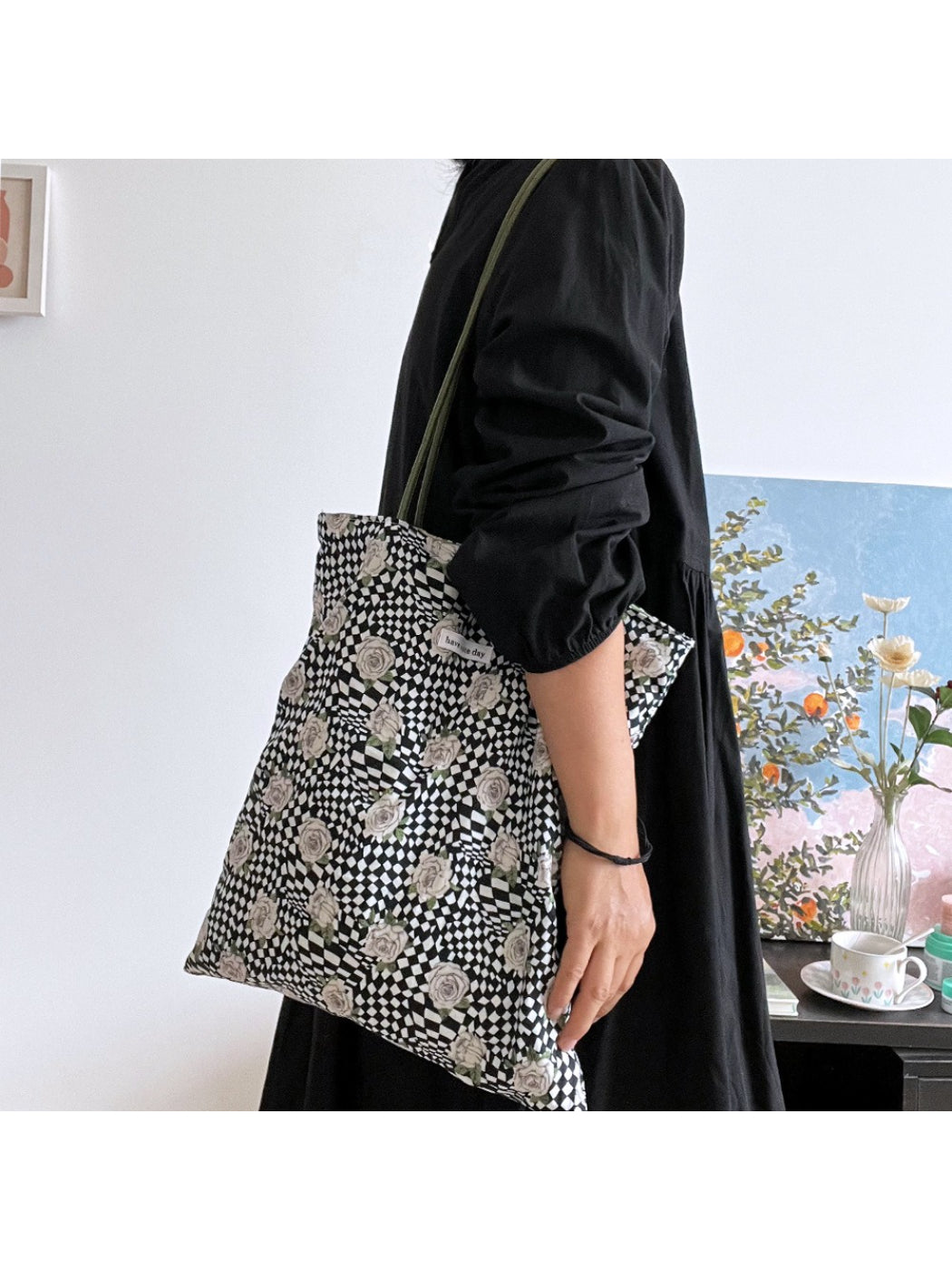 Cosbai Checker Rose Drawstring Bag placed on white background showing overall design