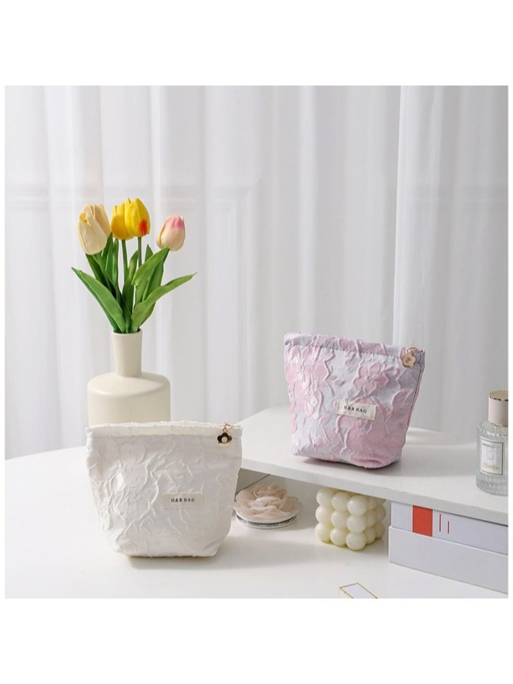 Cosbai floral cosmetic bag standing upright with visible flower print