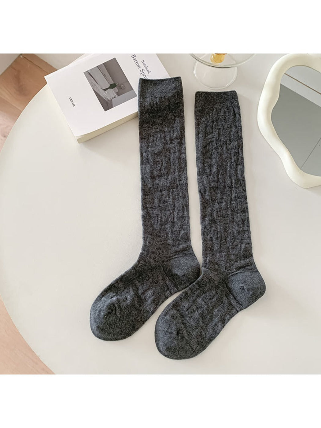 Rufia - Retro Solid Color Knee-High Socks with Embossed Print