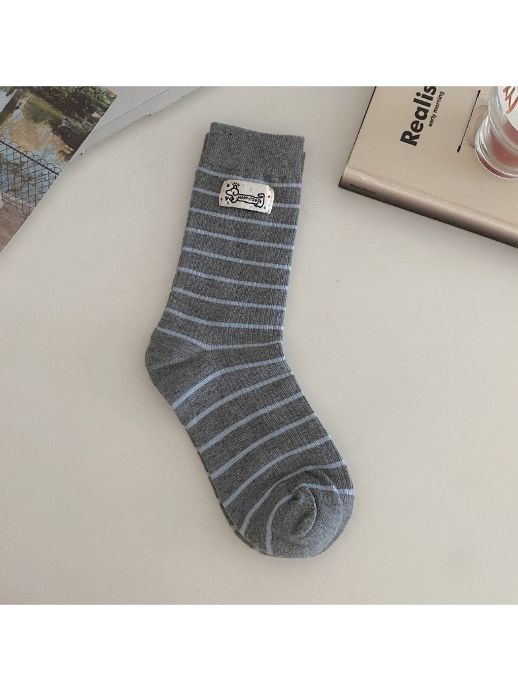 Rufia - Striped Cartoon Puppy Label Casual Crew Socks