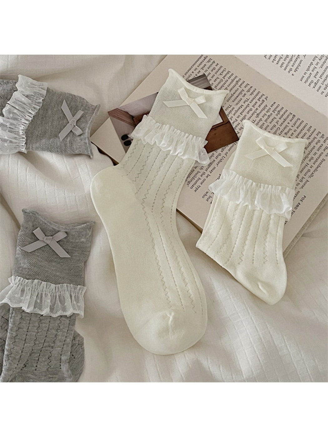 Rufia - Ballet Style Lace Ribbon Bow Detail Crew Socks