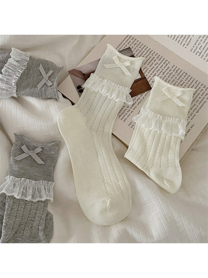 Rufia - Ballet Style Lace Ribbon Bow Detail Crew Socks