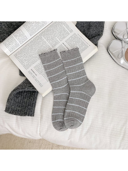 Rufia - Ruffle Trim Striped Crew Socks