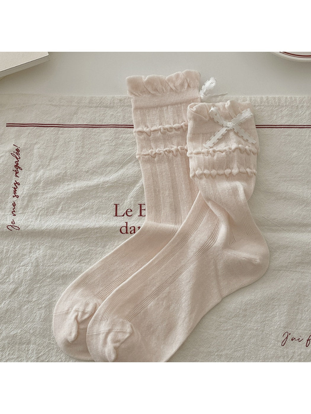 Rufia - Raised Bubble Stripe Bow Crew Socks