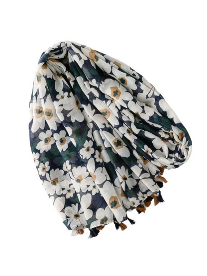 Scarvii - Navy Daisy Tassel Wrap Scarf