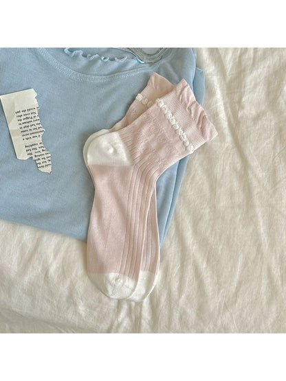 Rufia - Pink Tones Cute Ribbed Crew Socks