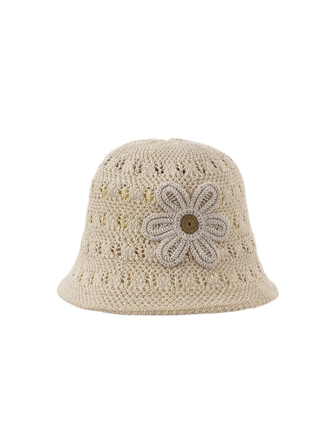 Side view of Haila open weave flower hat highlighting woven texture and flower detail