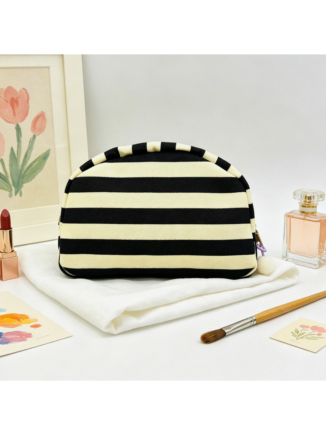Cosbai - Striped Half-moon Cosmetic Organizer Bag