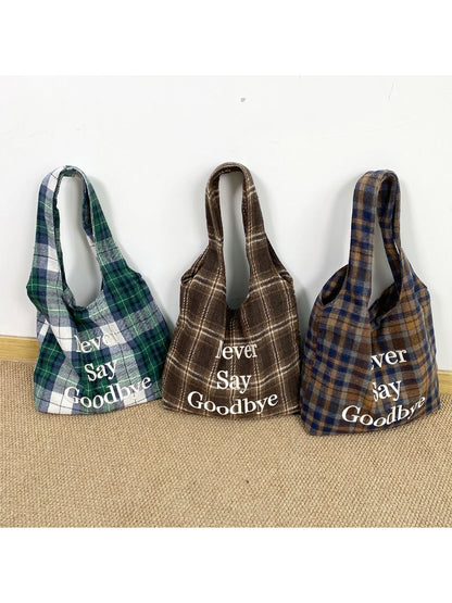 Cosbai – Plaid Embroidered Shoulder Tote