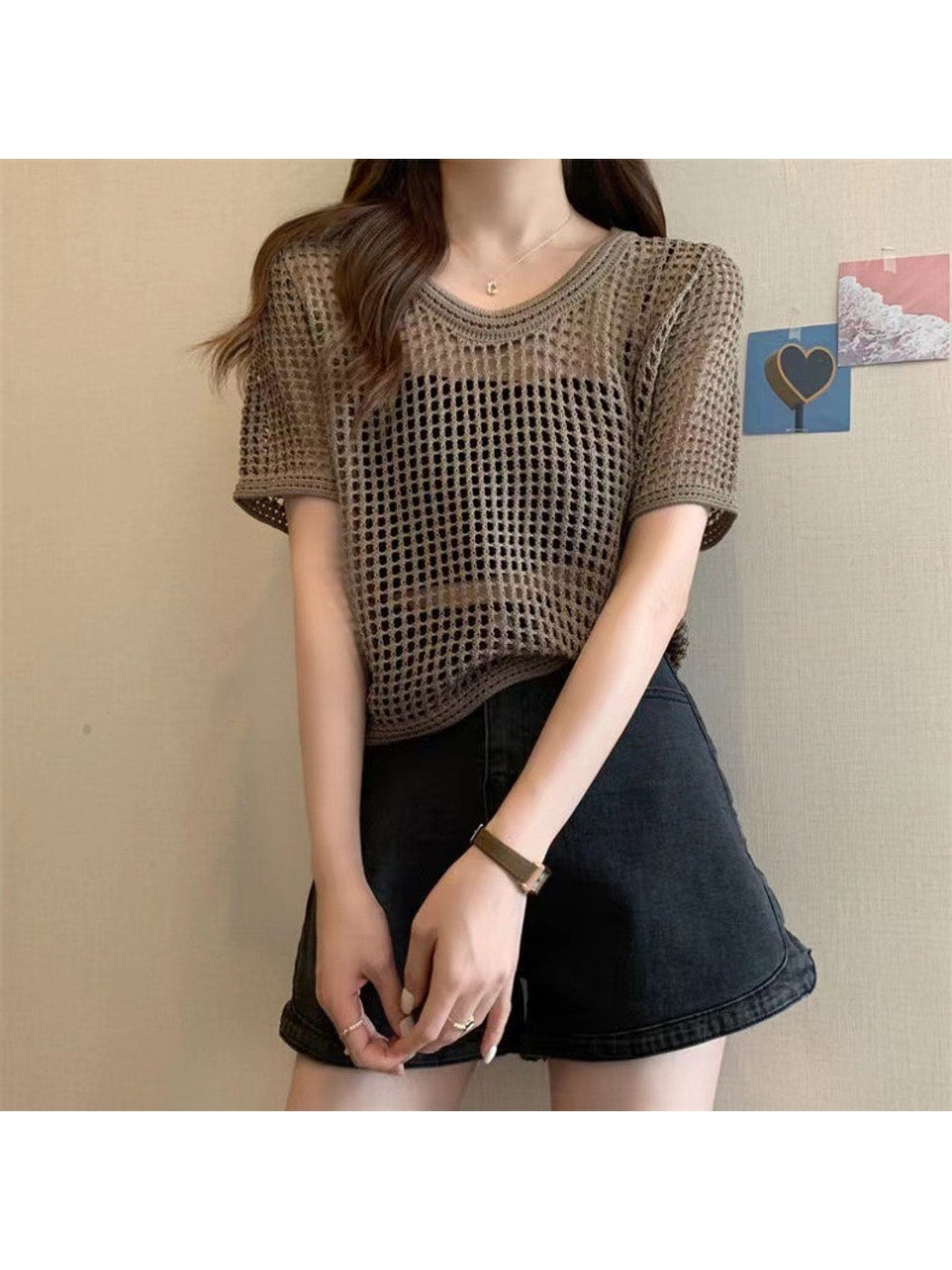 Crosa - Round Neck Hollow Out Knit Pullover Top