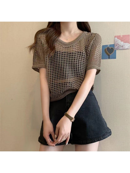 Crosa - Round Neck Hollow Out Knit Pullover Top