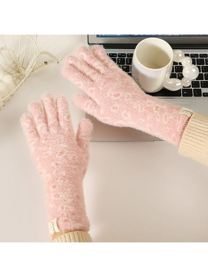 Gloving - Leopard Print Fuzzy Knit Long Cuff Gloves