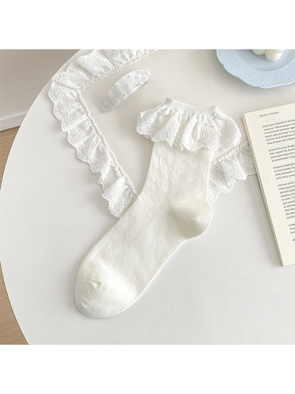 Rufia - Lace Scalloped Cuff Openwork Crew Socks