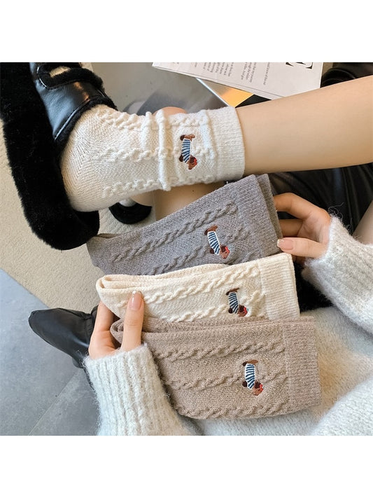 Rufia - Cute Dachshund Motif Knit Crew Socks