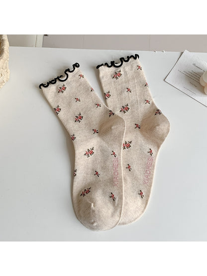 Rufia - Women's Rolled Cuff Socks with Bow & Floral Pattern