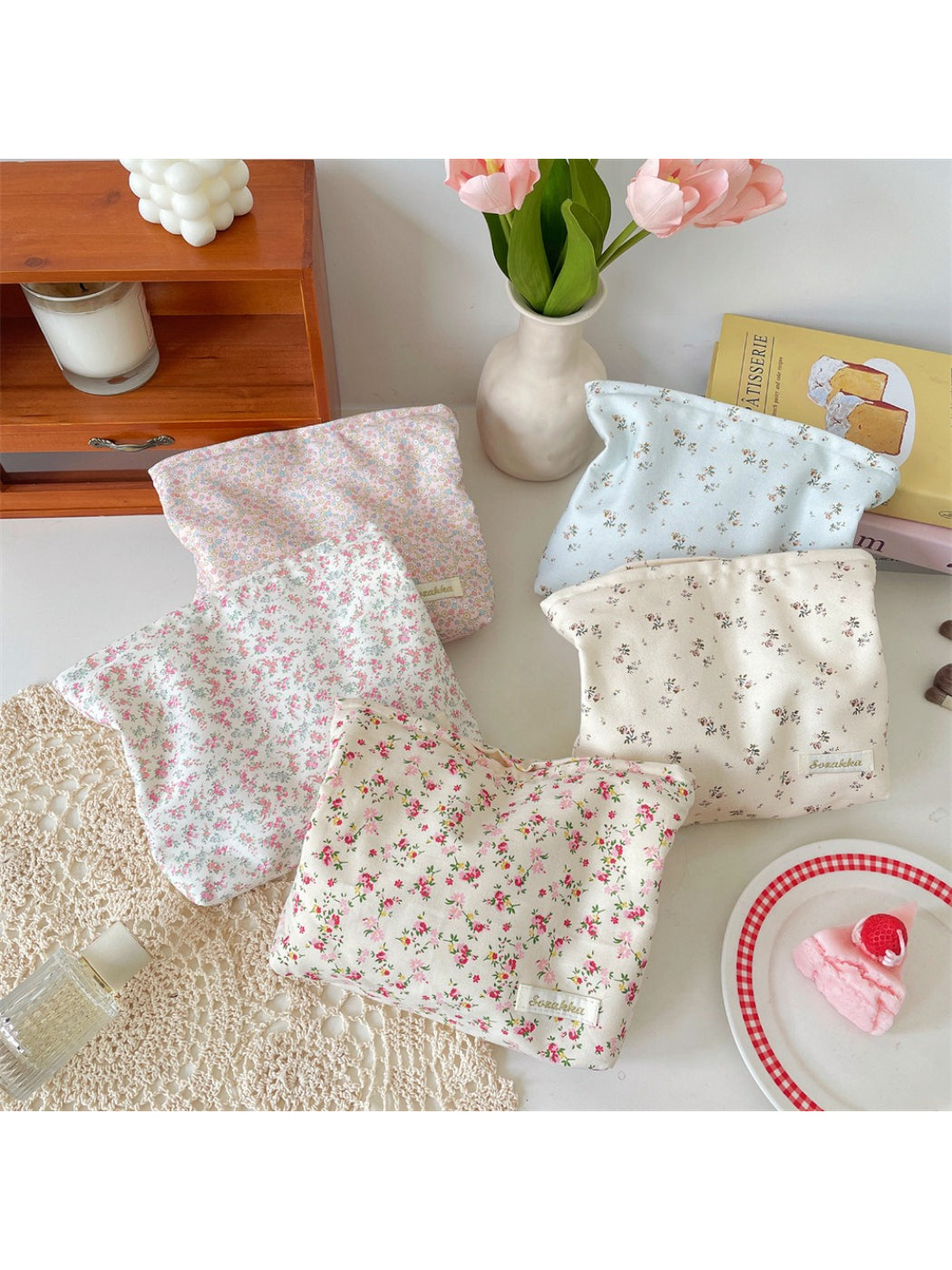 Cosbai Ditsy Floral Cosmetic Pouch with pink and white small flower print on fabric
