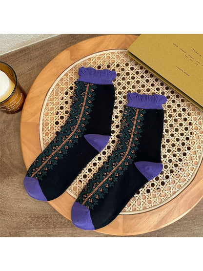 Rufia - Retro Pattern Ruffle Crew Socks
