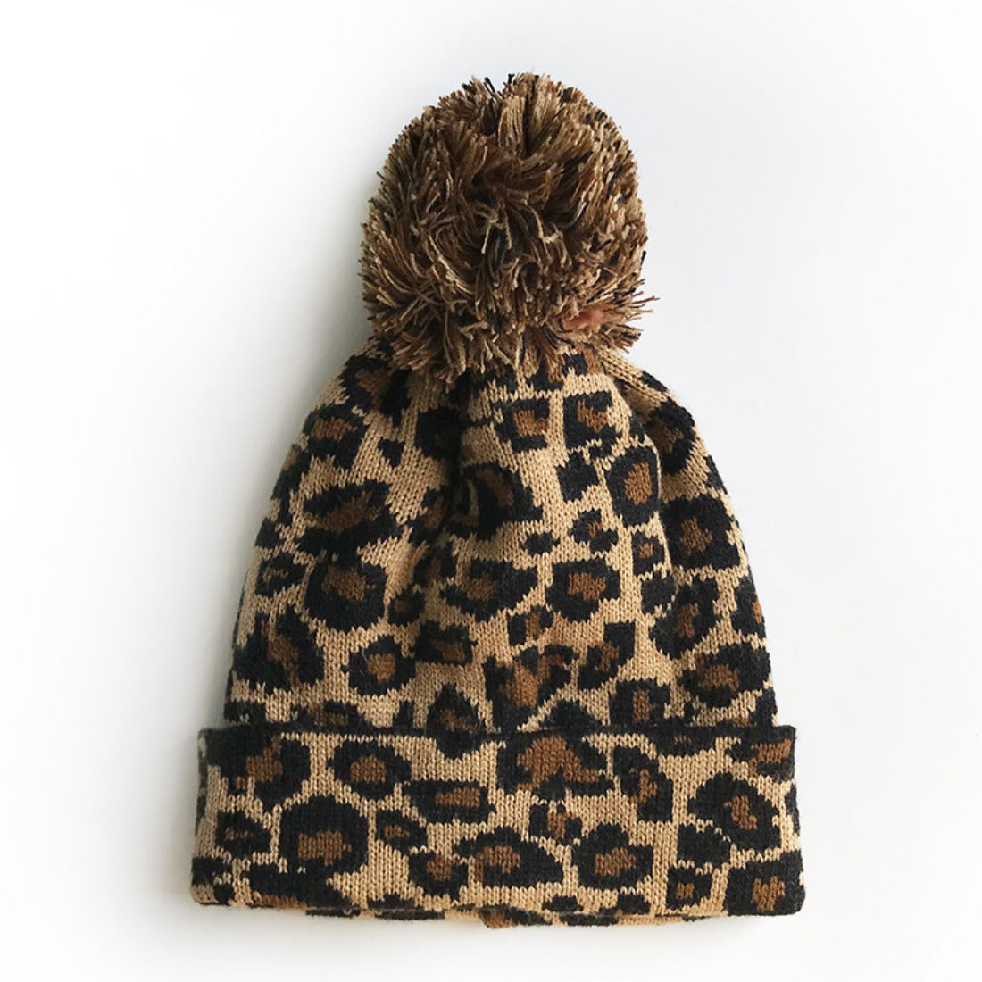 Haila - Leopard Print Winter Knit Hat with Pom-Pom