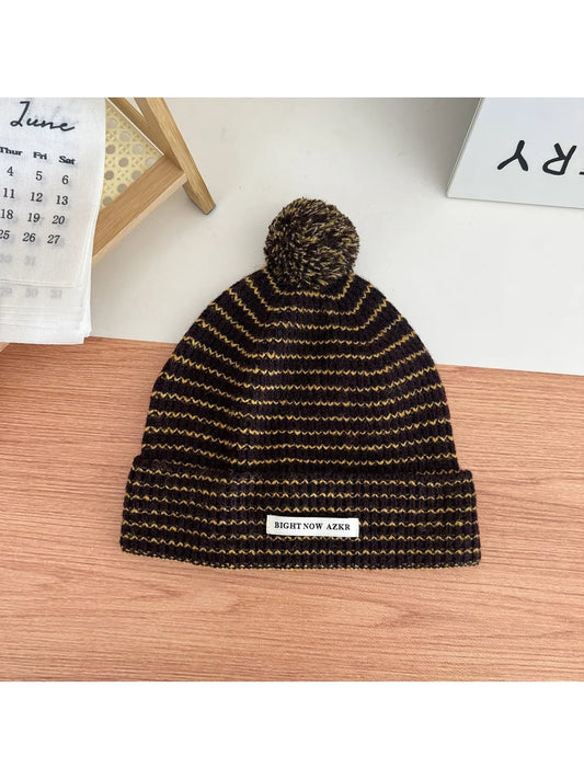 Haila - Wavy Stripe Fuzzy Folded Cuff Pom-Pom Beanie