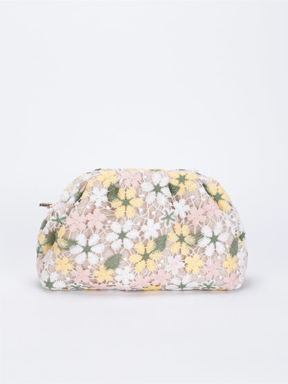 Cosbai crochet floral makeup pouch folded flat showing flexible fabric