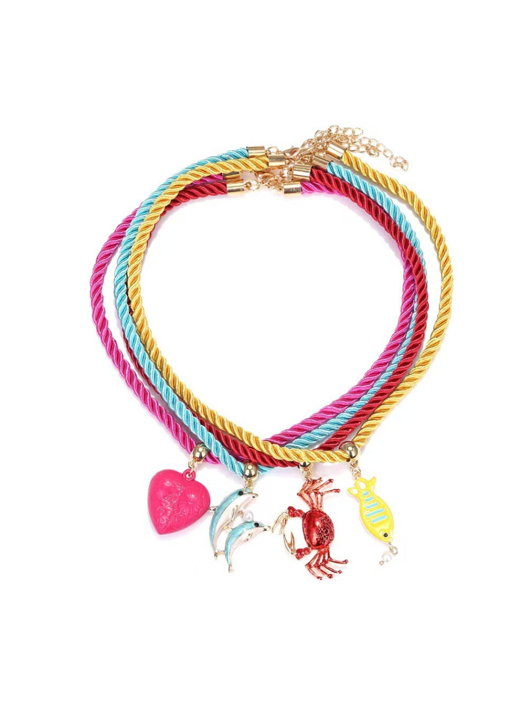 Neckit necklace with vibrant rope and ocean charms laid flat on a light surface