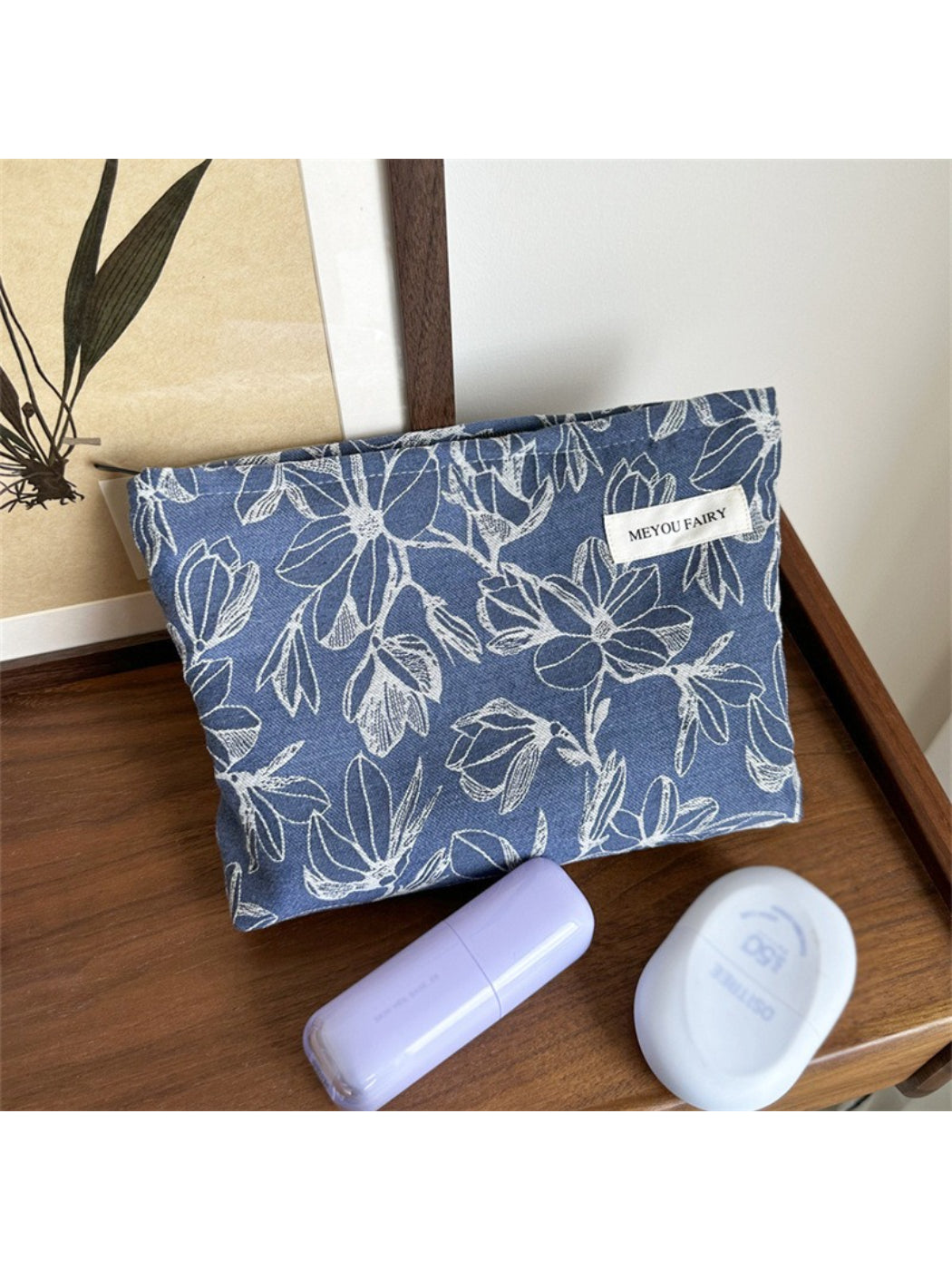 Cosbai floral cosmetic bag standing upright showing full design