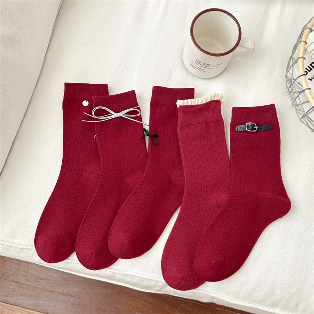 Rufia - Red Decorative Mid-Calf Socks