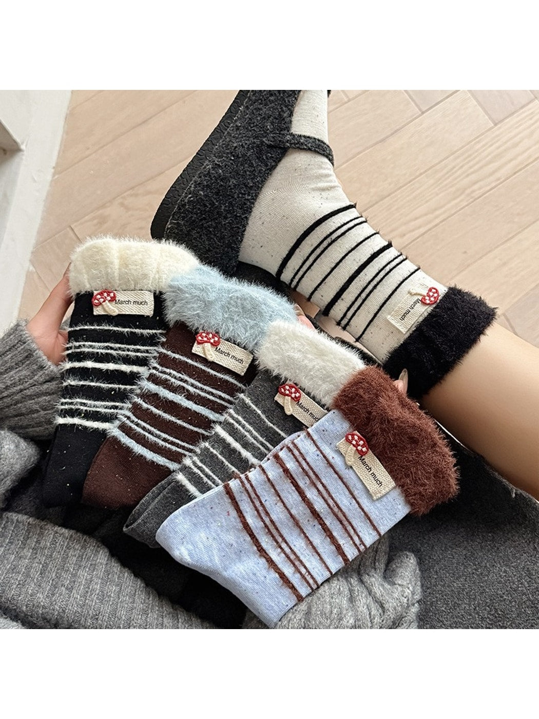 Rufia - Mushroom Label Plush Cuffs Striped Crew Socks