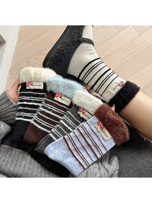 Rufia - Mushroom Label Plush Cuffs Striped Crew Socks
