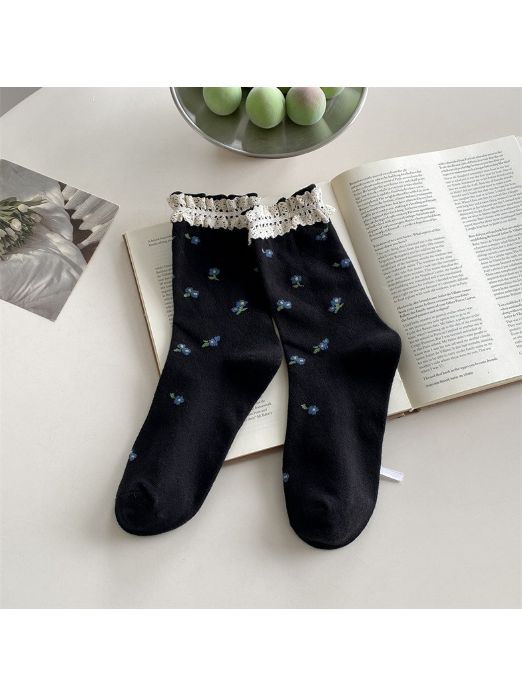 Rufia - Lace Trim Floral Crew Socks