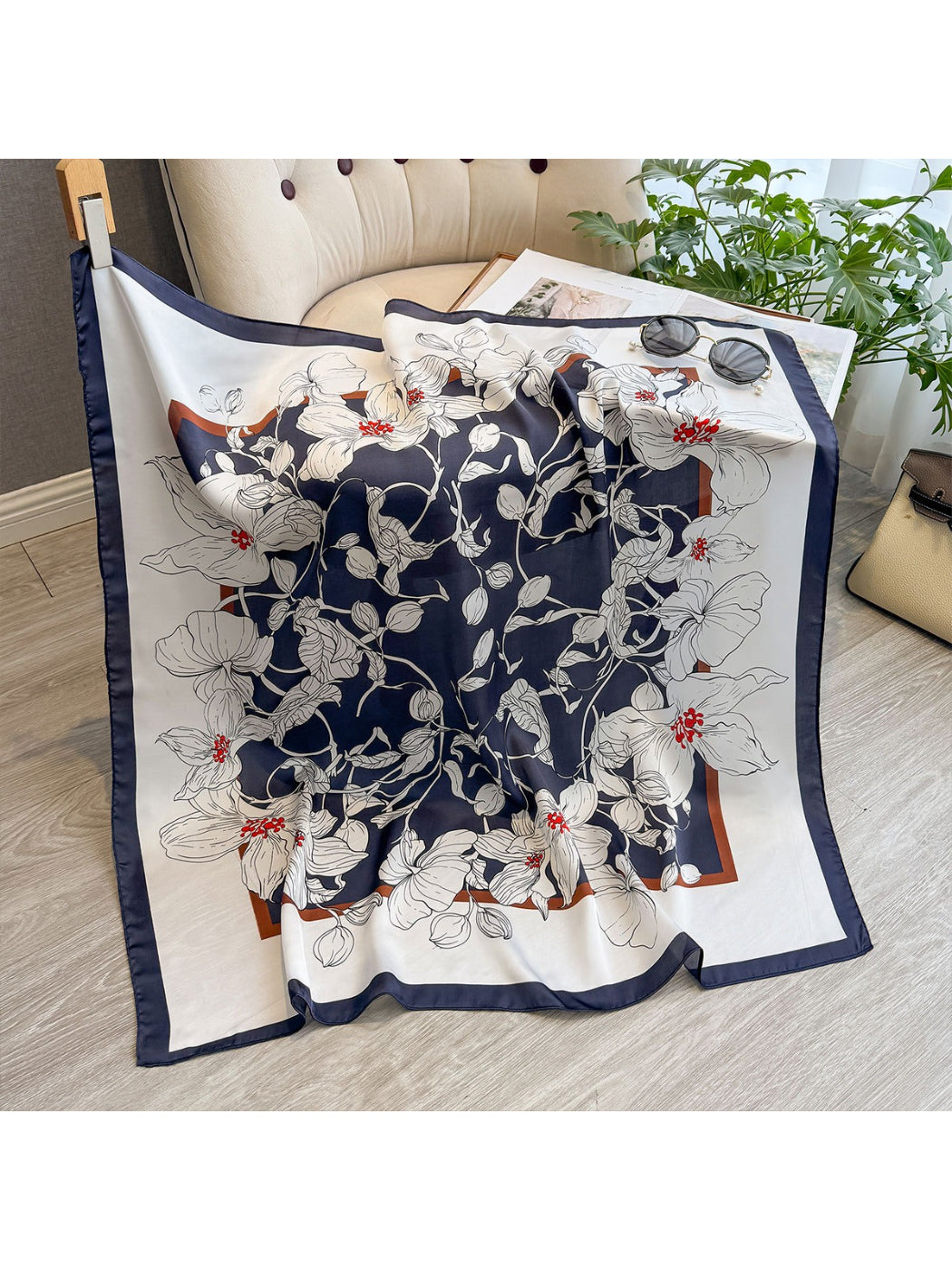 Scarvii - Floral Border Print Square Scarf
