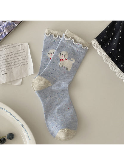 Rufia - Cartoon Dog Ruffle Cuff Casual Crew Socks