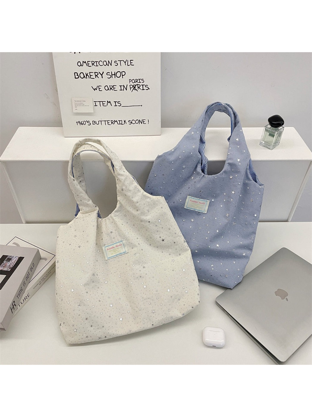 Cosbai everyday tote bag with star pattern shown from side angle